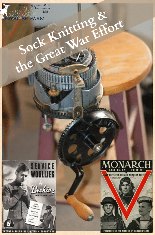 To meet the demand, knitters at home in Canada made a relentless effort. Those who received the sock knitting machines continued to knit with wool from the Red Cross. During the war all wool was controlled by the Red Cross and rationed. "Pink" knitting was frowned upon. Knitting socks with needles took about a week, and the Red Cross allowed 21 days for a handknitter to complete her socks before demanding the yarn back, to be given to another knitter. Think of your yarn stash! How wealthy we are today!