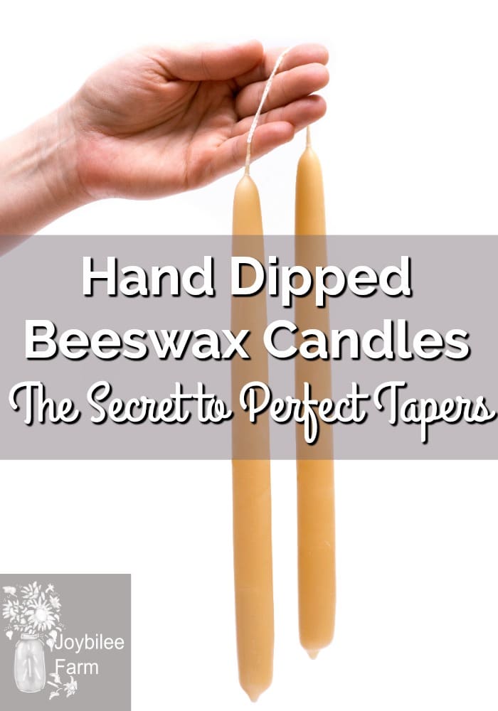 A hand holding two beeswax taper candles