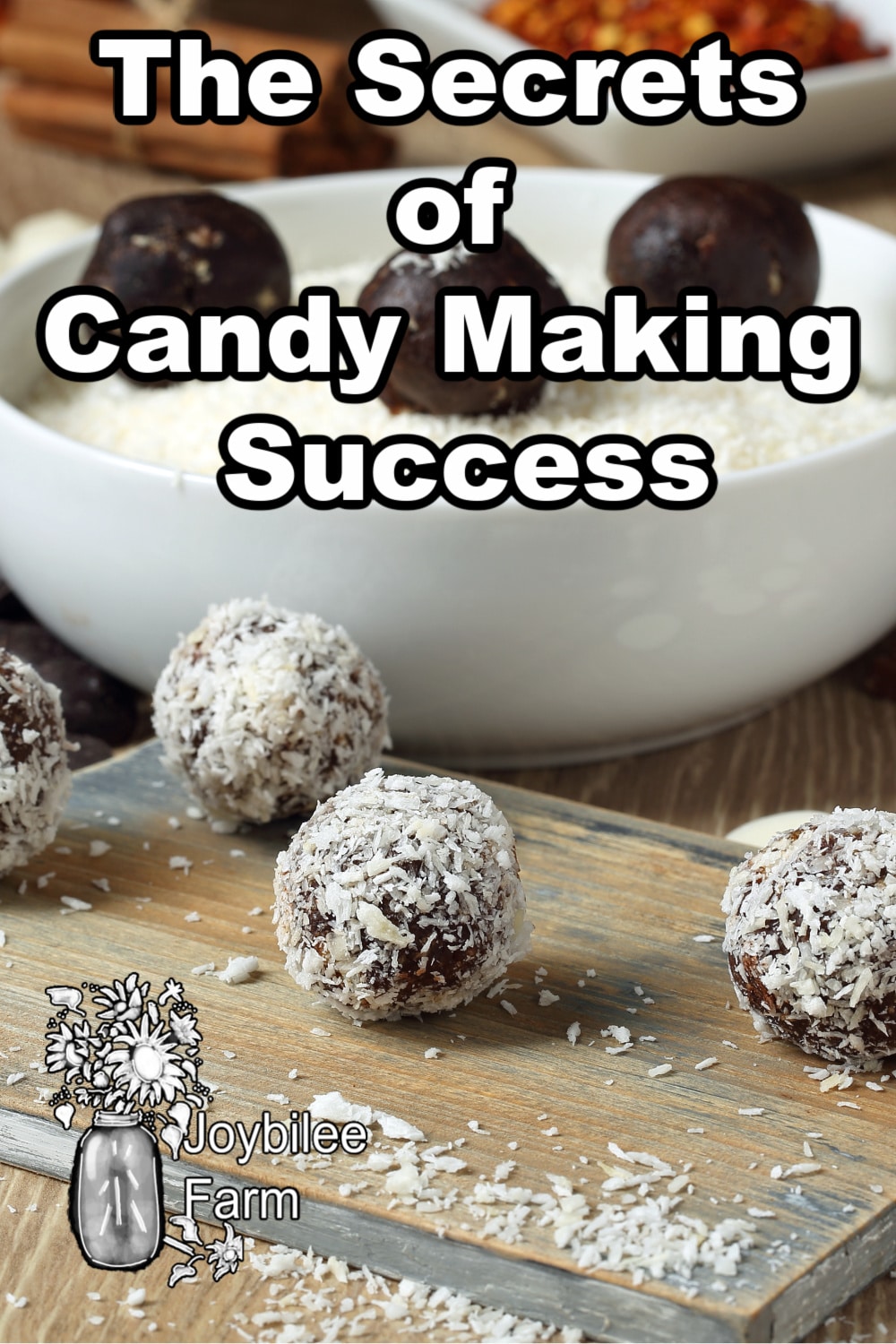 chocolate truffles being covered in coconut.