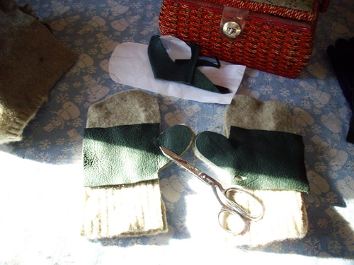 Mittens laying out leather