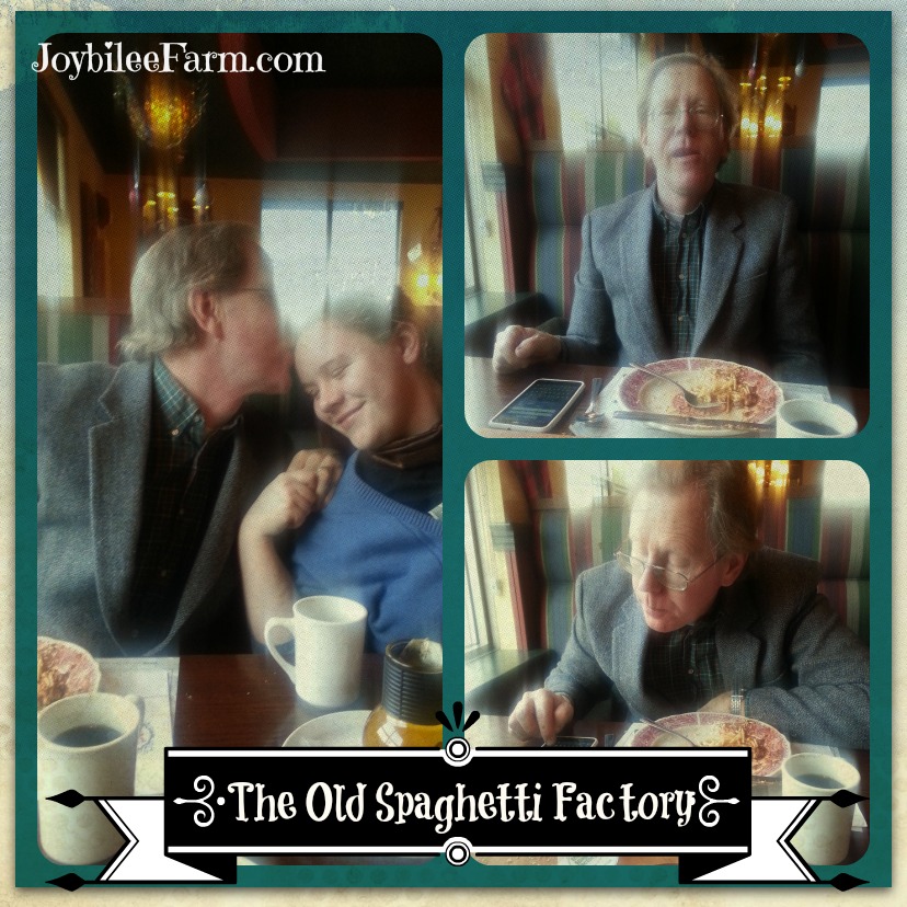 Photo collage of dinner at The Old Spaghetti Factory