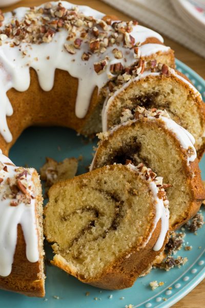 Kefir Pecan Streusel Coffee Cake cut to show the streusel swirl inside.