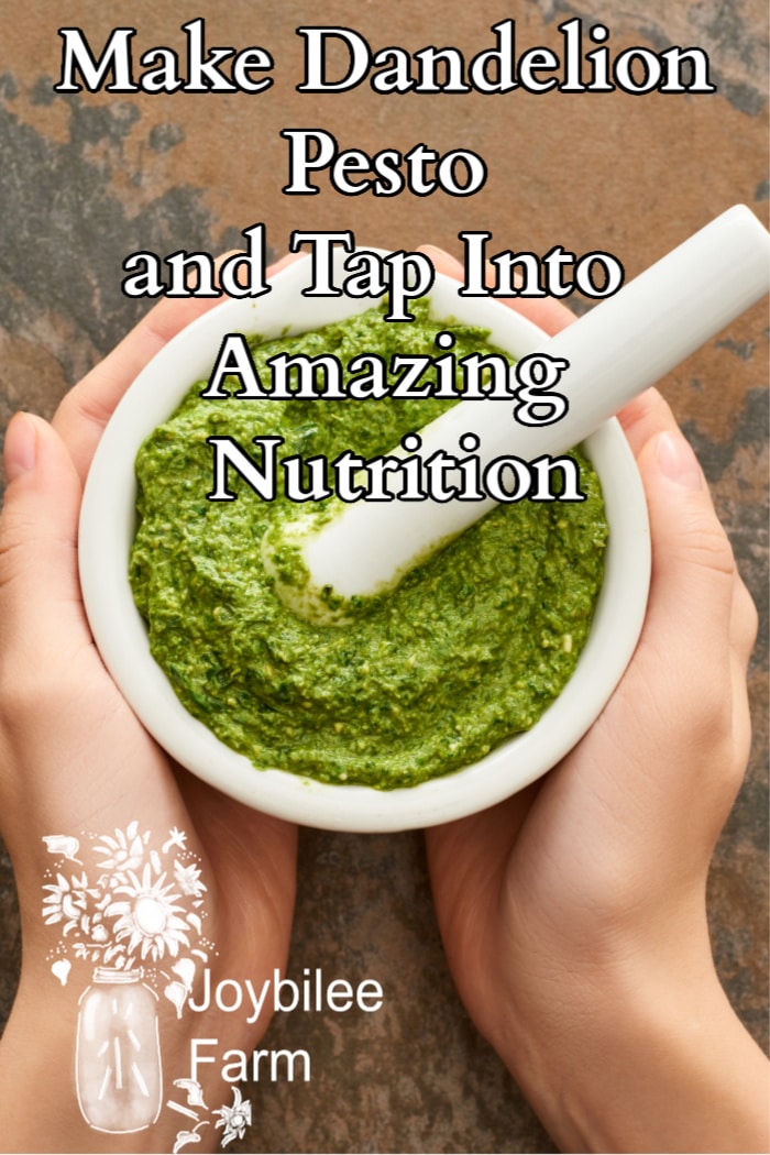 fresh pesto in a white mortar and pestle, held by two hands.