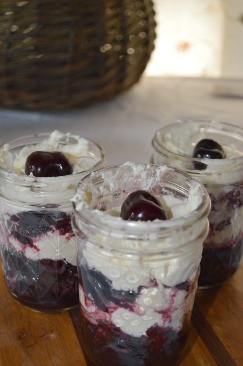 Cherry Fool dessert in decorative mason jars