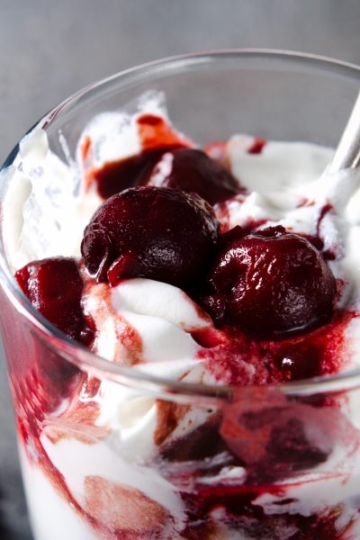 Close up of a cherry fool dessert