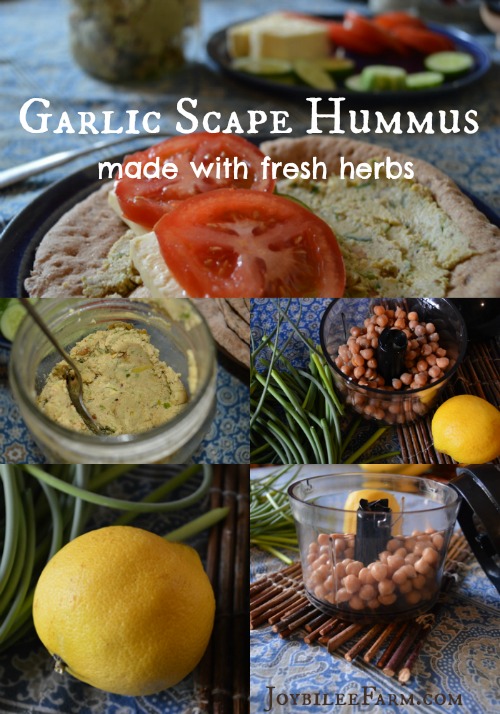 Photo collage of garlic scape ingredients and homemade hummus