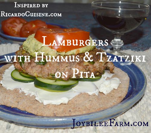 Lamburgers with Hummus and Tzatziki on Pita -- Joybilee Farm