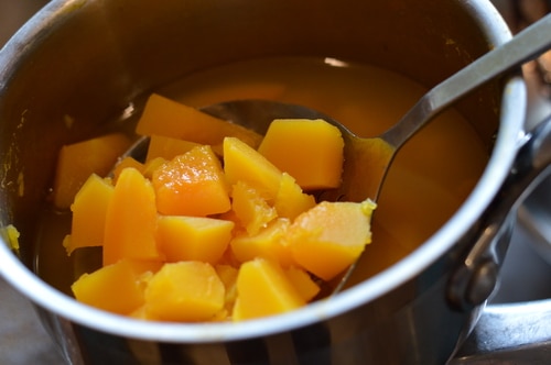 Pumpkin cubes in a pot
