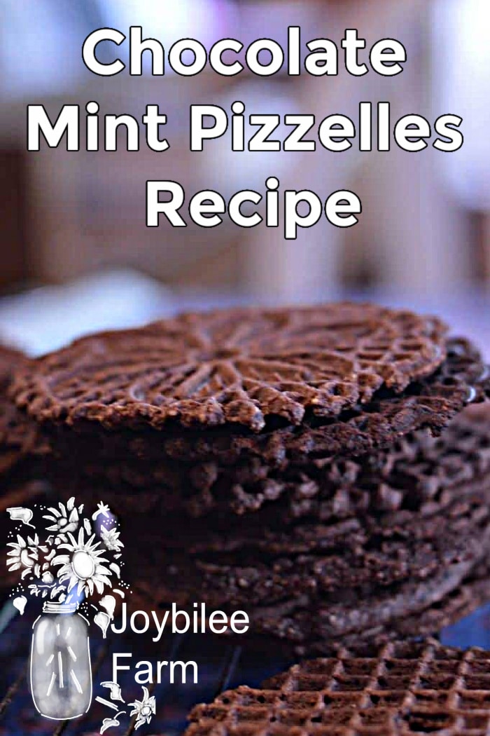 chocolate mint pizzelles on a cooling rack