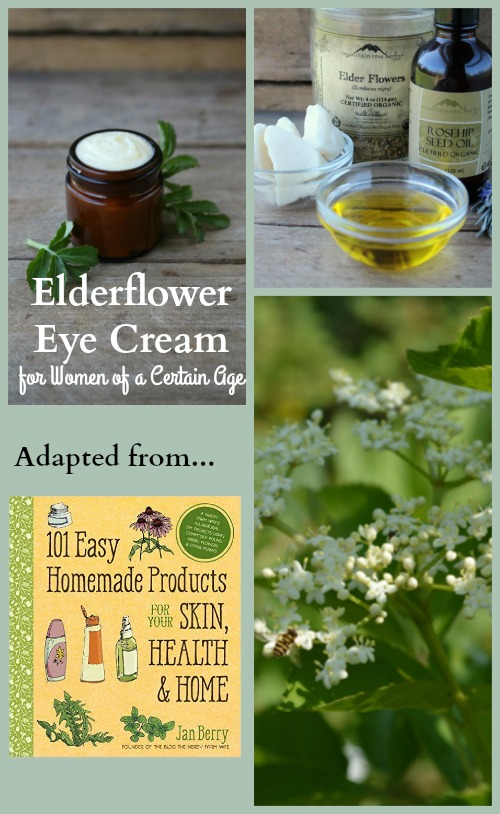 photo collage of elderflower, a jar of elderflower eye cream, cream ingredients and book cover.
