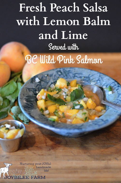 Pink salmon is perfect served with this fresh peach salsa. The juicy fruit and sour-sweet-salty-spicy taste is a perfect complement to the poached fish. Pink salmon has a milder flavour than sockeye or coho salmon, and wears fresh fruit sauces well. How lucky that in BC local peaches and BC wild salmon are in season at the same time!