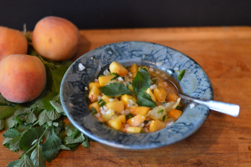 Pink salmon is perfect served with this fresh peach salsa. The juicy fruit and sour-sweet-salty-spicy taste is a perfect complement to the poached fish. Pink salmon has a milder flavour than sockeye or coho salmon, and wears fresh fruit sauces well. How lucky that in BC local peaches and BC wild salmon are in season at the same time!