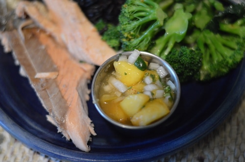 Pink salmon is perfect served with this fresh peach salsa. The juicy fruit and sour-sweet-salty-spicy taste is a perfect complement to the poached fish. Pink salmon has a milder flavour than sockeye or coho salmon, and wears fresh fruit sauces well. How lucky that in BC local peaches and BC wild salmon are in season at the same time!