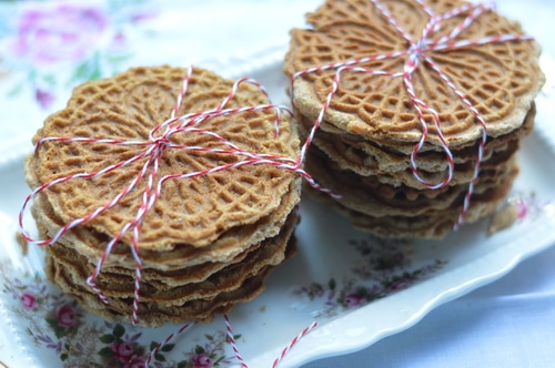 Ginger is a prime digestive. It stokes the inner fire and warms up sluggish digestion, which makes you feel better. Ginger pizzelles are good for upset stomachs and nausea, too. Or just enjoy them as a light snack at any time of day.