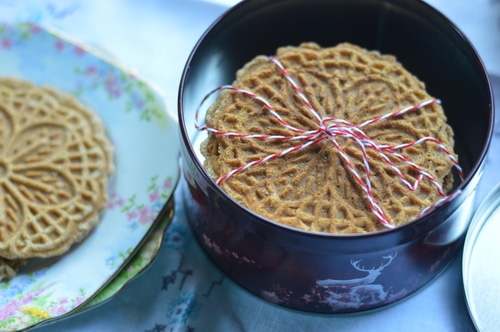 Ginger is a prime digestive. It stokes the inner fire and warms up sluggish digestion, which makes you feel better. Ginger pizzelles are good for upset stomachs and nausea, too. Or just enjoy them as a light snack at any time of day.