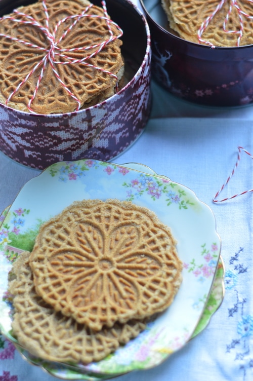 Ginger is a prime digestive. It stokes the inner fire and warms up sluggish digestion, which makes you feel better. Ginger pizzelles are good for upset stomachs and nausea, too. Or just enjoy them as a light snack at any time of day.