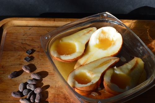 Winter pears retain their firmness even when cooked. Baking concentrates the sugars and creates a light, sweet dessert that’s worthy of the best dining venue, yet simple enough for weeknight meals. Just pop the baking dish in the oven, with the prepared pears, and this will be ready when dinner is served.