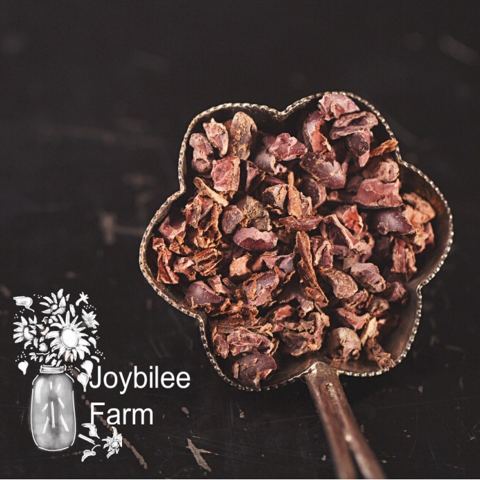 chocolate nibs in a pan on a dark background