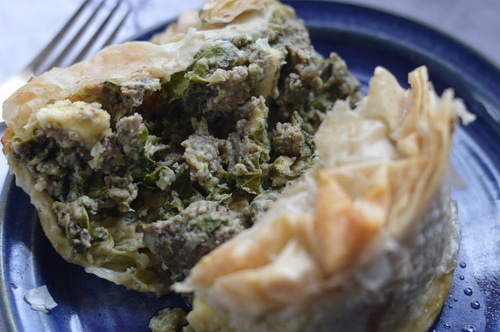 This Greek-style lamb and spinach pie is one of my favorite dishes. It’s like a cross between spanakopita and a gyro. (Just typing that makes me want some.) The crispy, golden filo pastry, the warm, salty lamb and feta cheese, and the creaminess of the filling is the best thing the ever came out of a home oven. #Sponsored