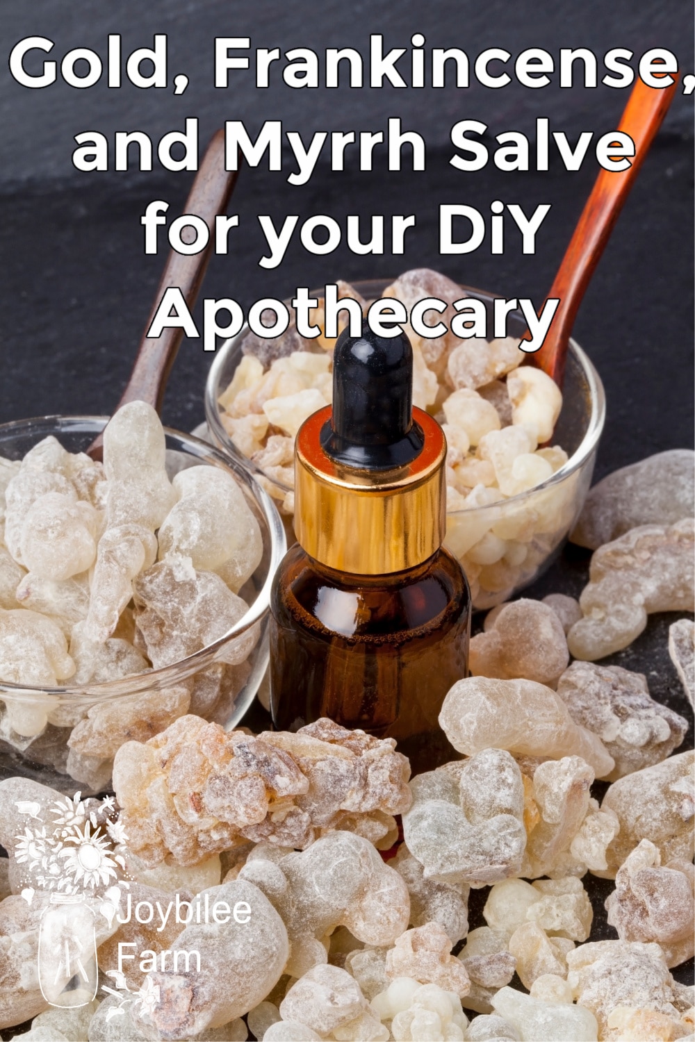 frankincense and myrrh resin with a dropper bottle