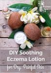 coconut lotion in a small bowl with coconuts and flowers in the background