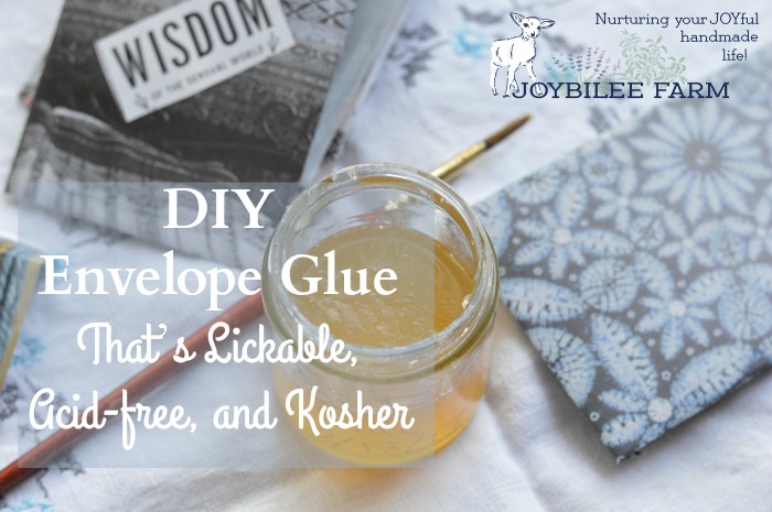 This is magical glue that dries on the envelope but can be licked just like regular envelope glue to seal the envelope. It is kosher and doesn’t have a nasty taste. The essential oils are antimicrobial and help preserve it. Plus they make it taste good, too.