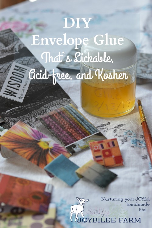 This is magical glue that dries on the envelope but can be licked just like regular envelope glue to seal the envelope. It is kosher and doesn’t have a nasty taste. The essential oils are antimicrobial and help preserve it. Plus they make it taste good, too.
