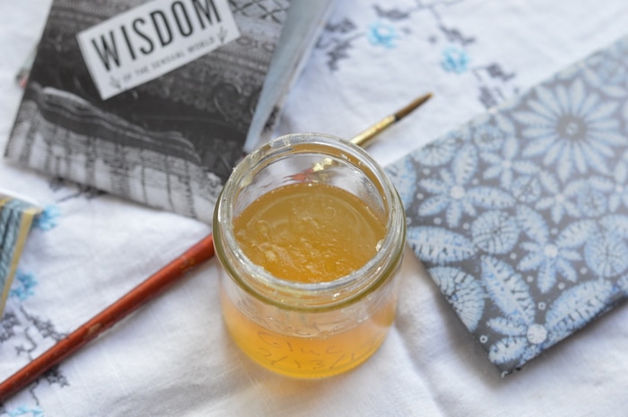 This is magical glue that dries on the envelope but can be licked just like regular envelope glue to seal the envelope. It is kosher and doesn’t have a nasty taste. The essential oils are antimicrobial and help preserve it. Plus they make it taste good, too.