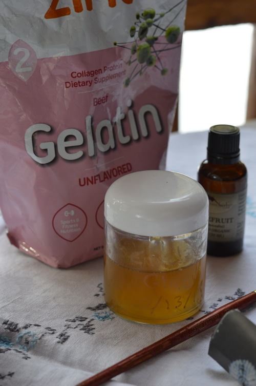 This is magical glue that dries on the envelope but can be licked just like regular envelope glue to seal the envelope. It is kosher and doesn’t have a nasty taste. The essential oils are antimicrobial and help preserve it. Plus they make it taste good, too.