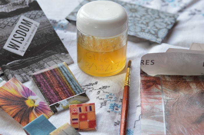 This is magical glue that dries on the envelope but can be licked just like regular envelope glue to seal the envelope. It is kosher and doesn’t have a nasty taste. The essential oils are antimicrobial and help preserve it. Plus they make it taste good, too.
