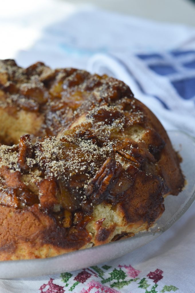 I made up this Maple Apple Bundt Cake to use up the last of our storage of golden delicious apples. If you’ve got apples from last fall’s harvest they will be soft and somewhat shrivelled on the first day of spring. This is the perfect use for those kinds of apples. In fact, my friends were picking the baked apple pieces off the top of the cake while they were waiting for dessert to be served. Win-Win!