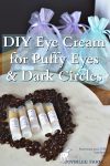 Tubes of homemade eye cream surrounded by coffee beans in the shape of a heart