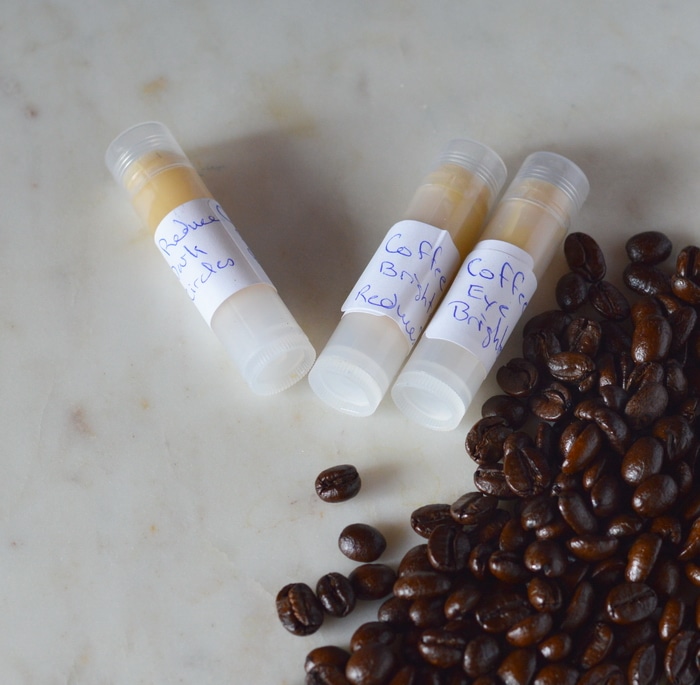 Are you tired of looking in the mirror and seeing baggy eyes, dark circles, and that “old lady” look? This DIY eye cream has natural caffeine to tighten up under eye skin, brighten those dark circles and reduce puffiness and water retention. While it won’t make you feel 20 years younger or guarantee 8 hours of sleep, it will help reduce that tired eye look that comes from late nights, not enough sleep, or water retention. Similiar commercial products sell for over  for just an ounce. But you can invest in the ingredients and make your own wonderfully fresh and nourishing beauty products for a fraction of the cost of commercial skincare products.