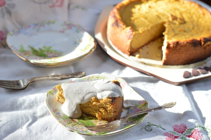 Gluten-free pumpkin cheesecake that can be made ahead for holiday dinners.