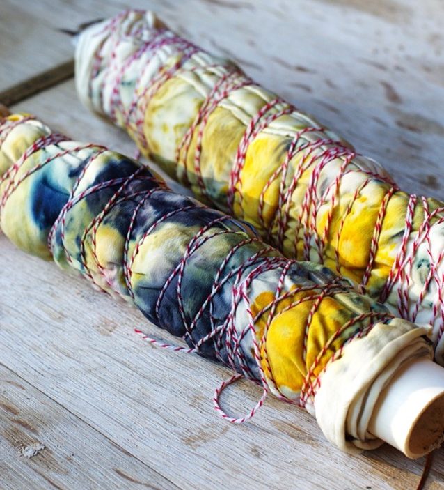 direct contact dye scarves, wrapped up and ready to heat