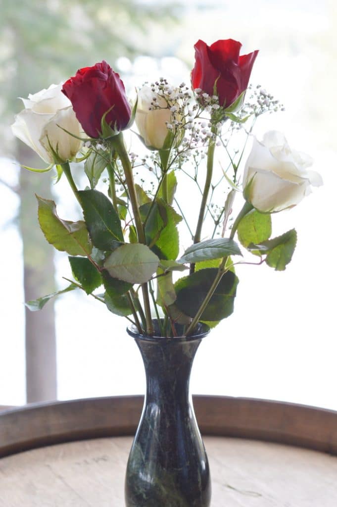 Red and white roses in a bouquet
