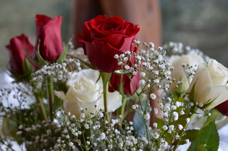 Red and white roses in a bouquet