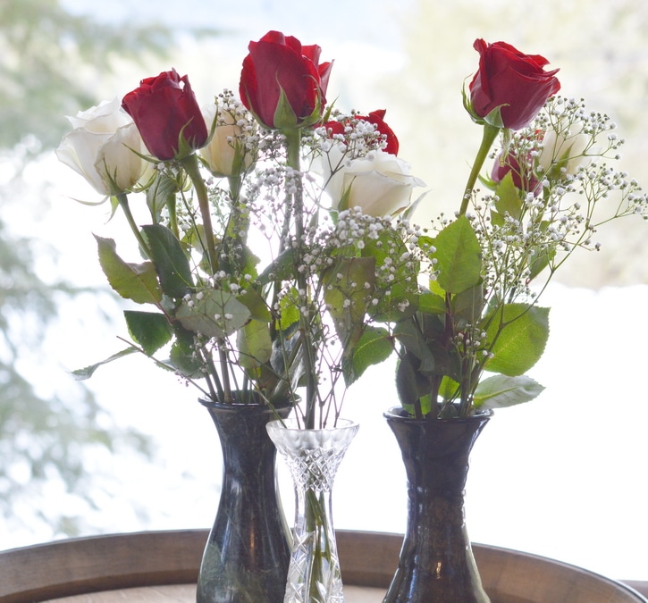 Red and white roses in a bouquet