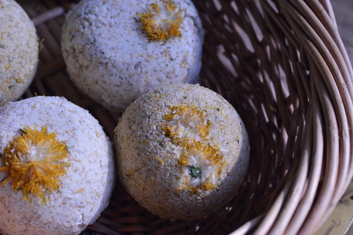 close up of dandelion bath bombs