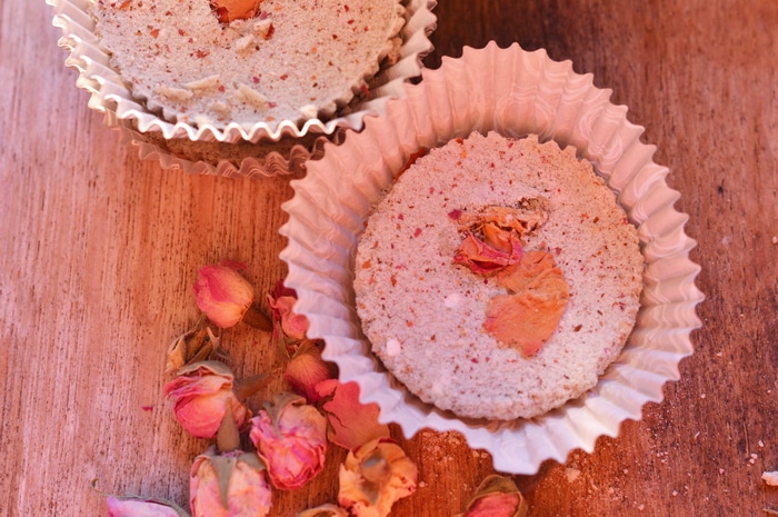 These aromatherapy shower tablets infuse your daily shower with calming rose fragrance from natural essential oils and rose hydrosol.  Rose has been found to balance the emotions, relieve nervous tension, and uplift the mood.  Lavender essential oil is calming and relaxing.  Lemon is uplifting. A little goes a long way.