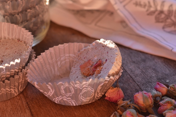 These aromatherapy shower tablets infuse your daily shower with calming rose fragrance from natural essential oils and rose hydrosol.  Rose has been found to balance the emotions, relieve nervous tension, and uplift the mood.  Lavender essential oil is calming and relaxing.  Lemon is uplifting. A little goes a long way.