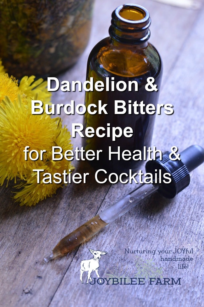 Fresh dandelions by a dropper and a dark glass vial full of dandelion and burdock bitters