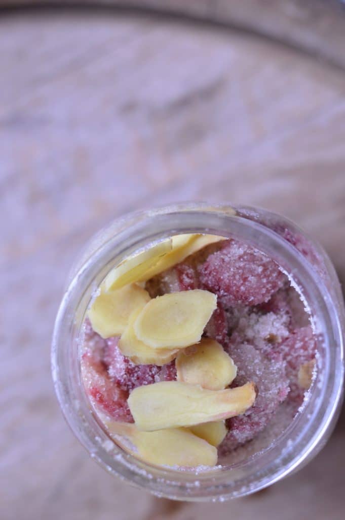 Rhubarb shrub in a glass jar