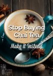 A beautiful blue teacup and saucer filled with Chai tea