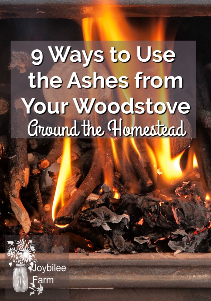 open woodstove door with the text overlay 9 wood ash uses on the homestead