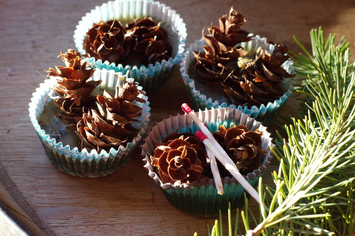 4 homemade pine cone fire-starters on a table