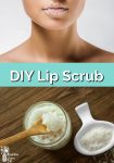 A women with lip scrub on her lips and ingredients for making lip scrub