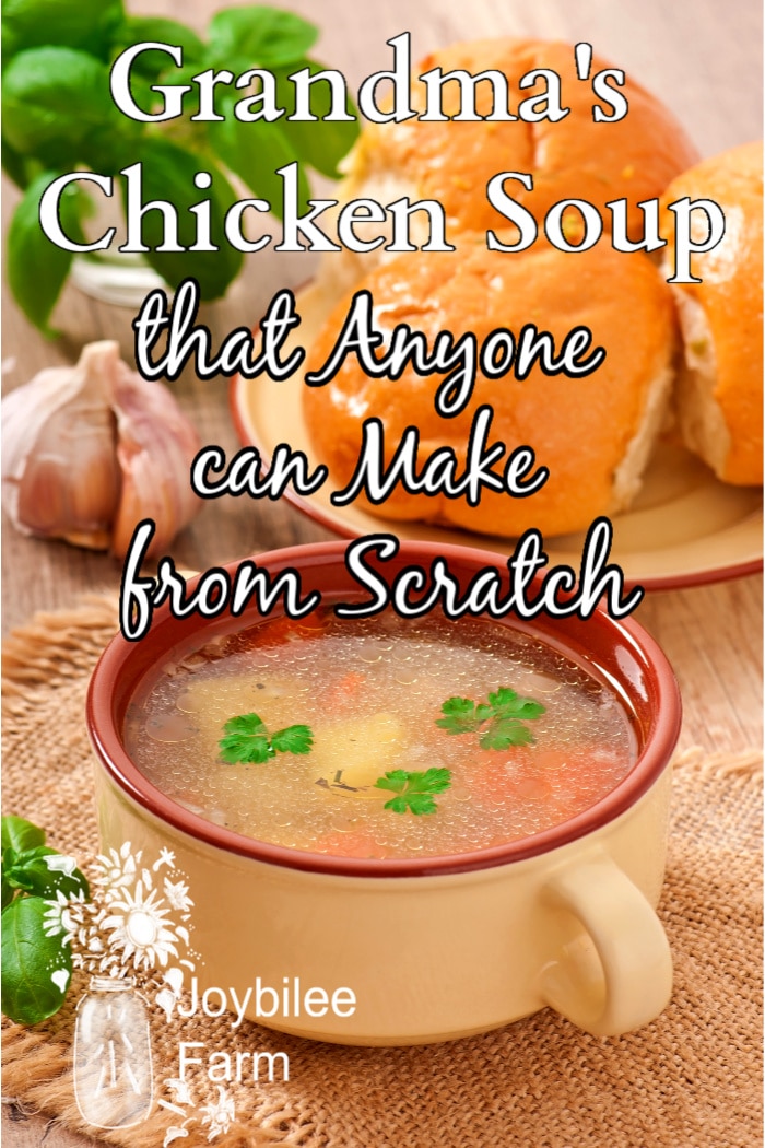 Grandma's chicken soup with buns in the background