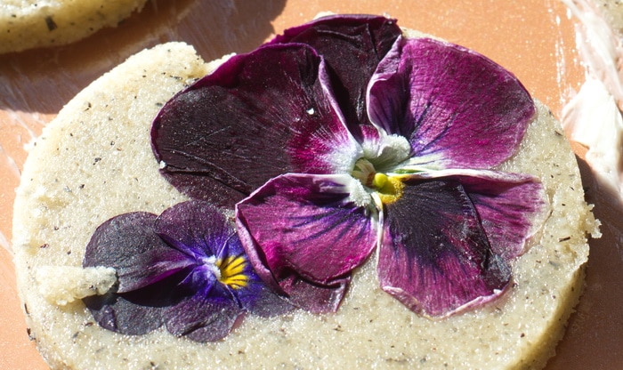 cookie close up with pansies, pre baking