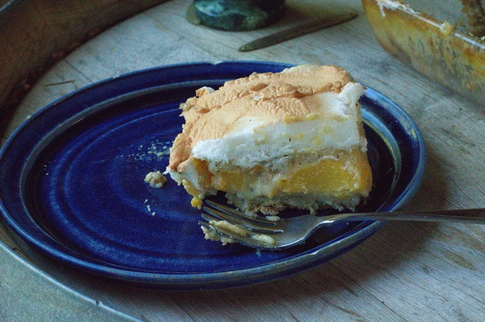 A slice of gluten free peach dessert